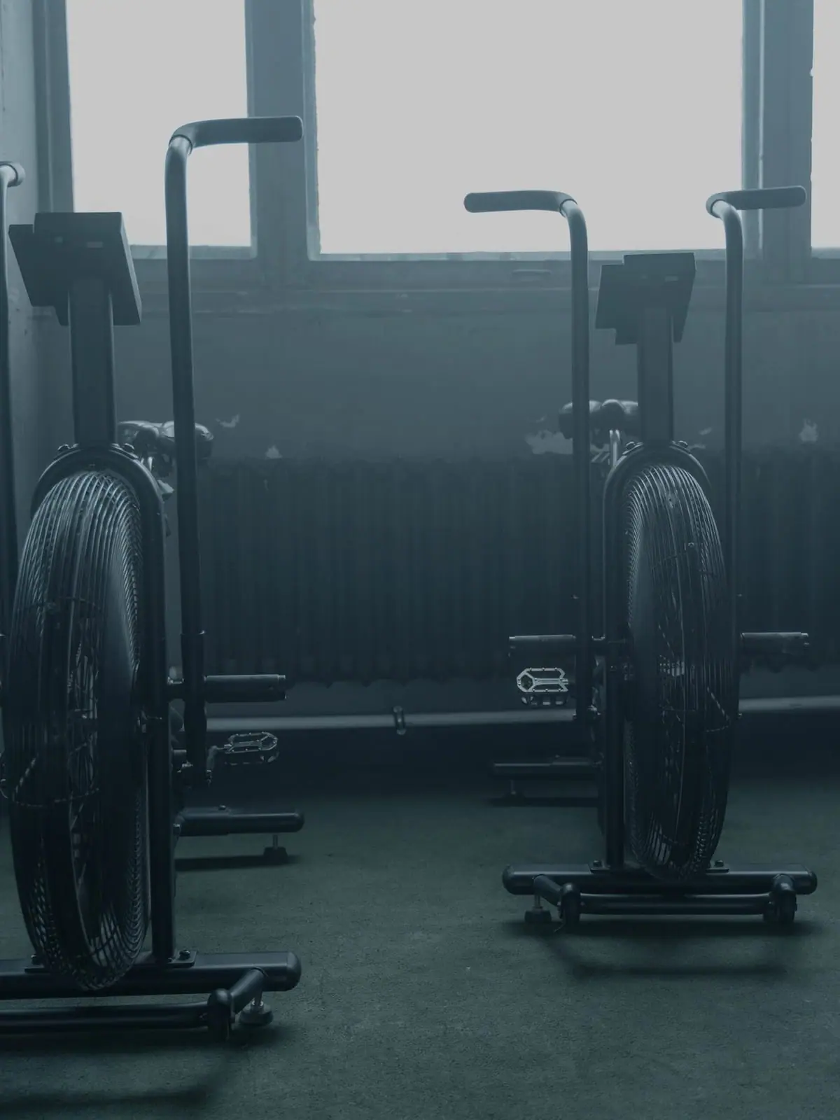 The cycle room, empty, bikes in rows under dim light.